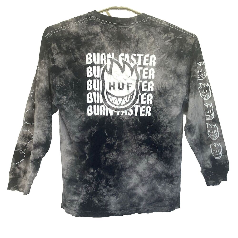 HUF x Spitfire Tie Dye Burn Faster Flame Logo Lg Sleeve Tee Black Gray Sz M FLAW - Picture 5 of 15